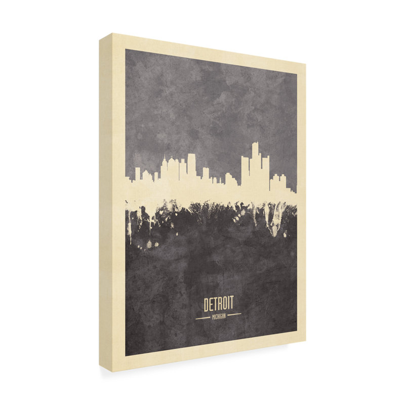 Michael Tompsett, «Detroit Michigan Skyline Gray», art sur toile, H 24 po x l 18 po x P 2 po
