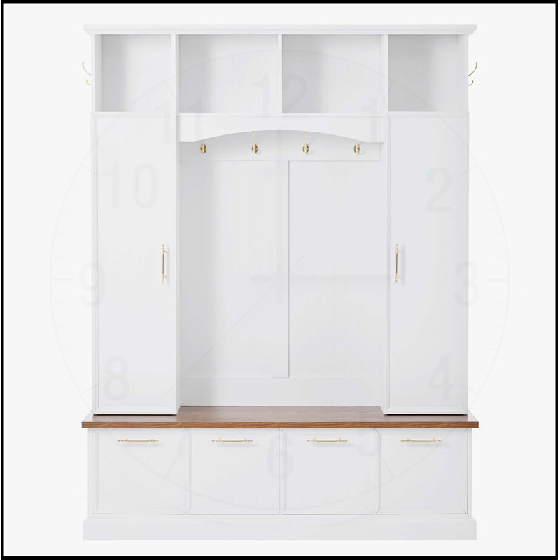 4-IN-1 Elegant 59 Inch Wide Hall Tree with Golden Hooks & Handles, Practical Entryway Walnut Bench with Adjustable Shelves, 76.7H Farmhouse Wooden Style Coat & Shoe Rack