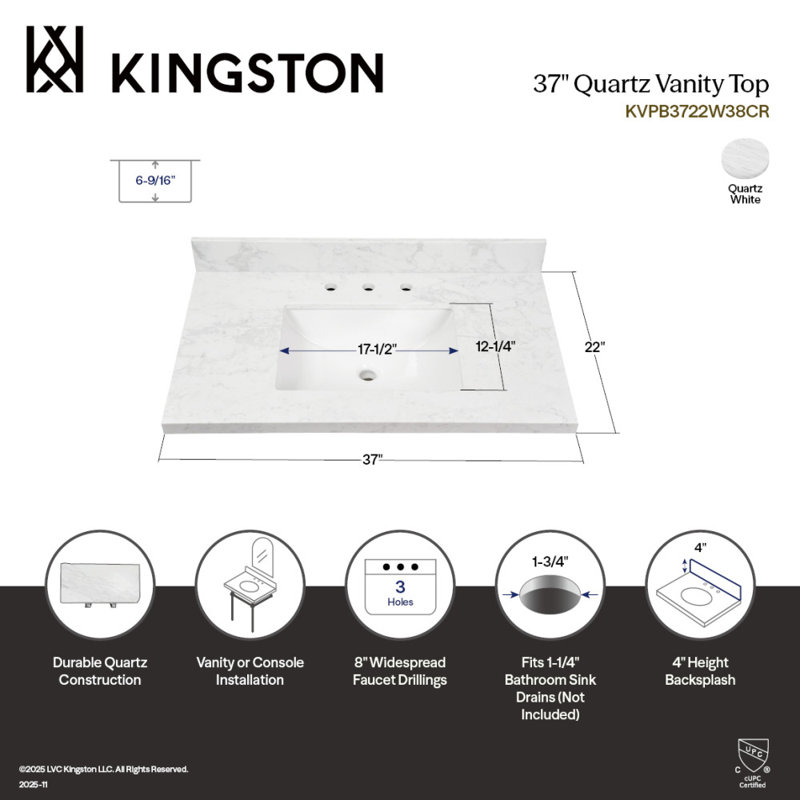 Kingston Brass Ferrara 37-Inch Quartz Vanity Top (8" Faucet Drillings)