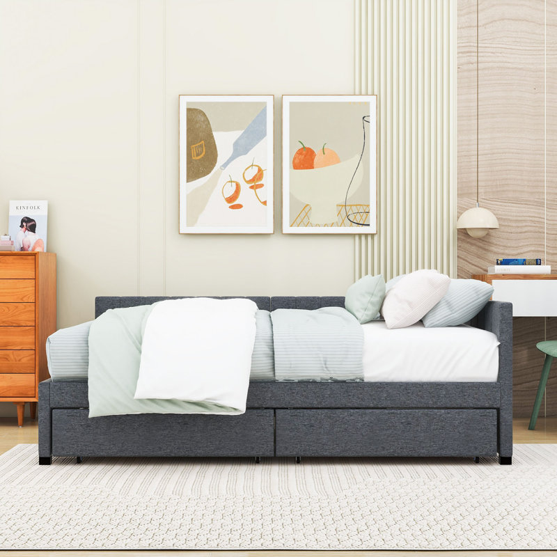 Full Size Linen Upholstered Daybed with Semi-Closed Design and Dual Storage Drawers, Gray