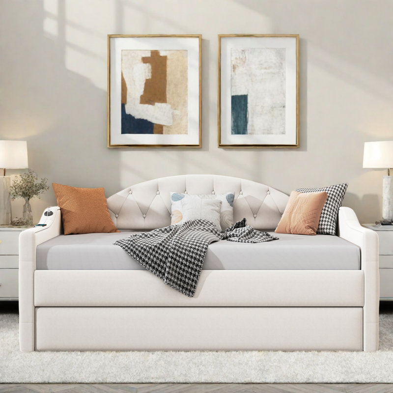 Upholstered Daybed With Trundle And Usb&Type-C Charging Ports, Beige