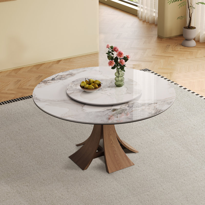Table de salle à manger moderne de 59 pouces en pierre frittée, équipée d'une table tournante ronde de 35 pouces, pouvant accueillir 6 à 8 personnes, avec une base en bois de couleur noyer unique