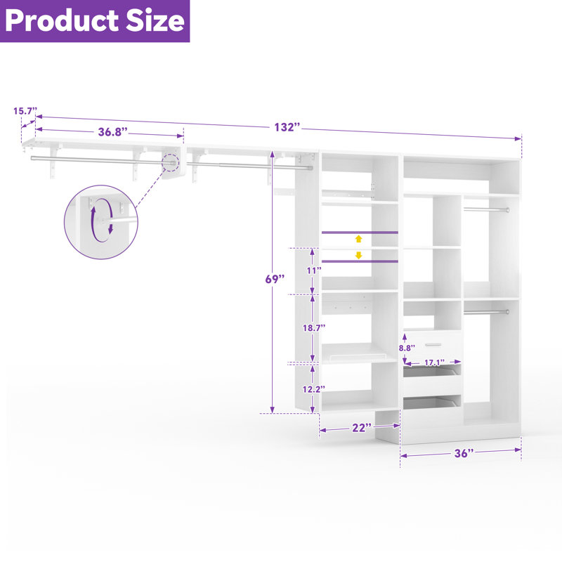 58.4"-132"  Closet System With Adjustable Shelves And Drawers,2 Rods