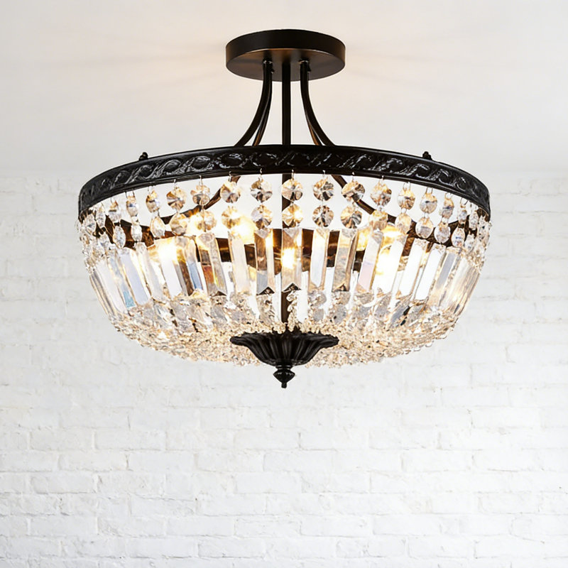 Jammal 6-Light Dimmable Empire Crystal Chandelier | Black Wrought Iron Semi Flush Mount Crystal Light