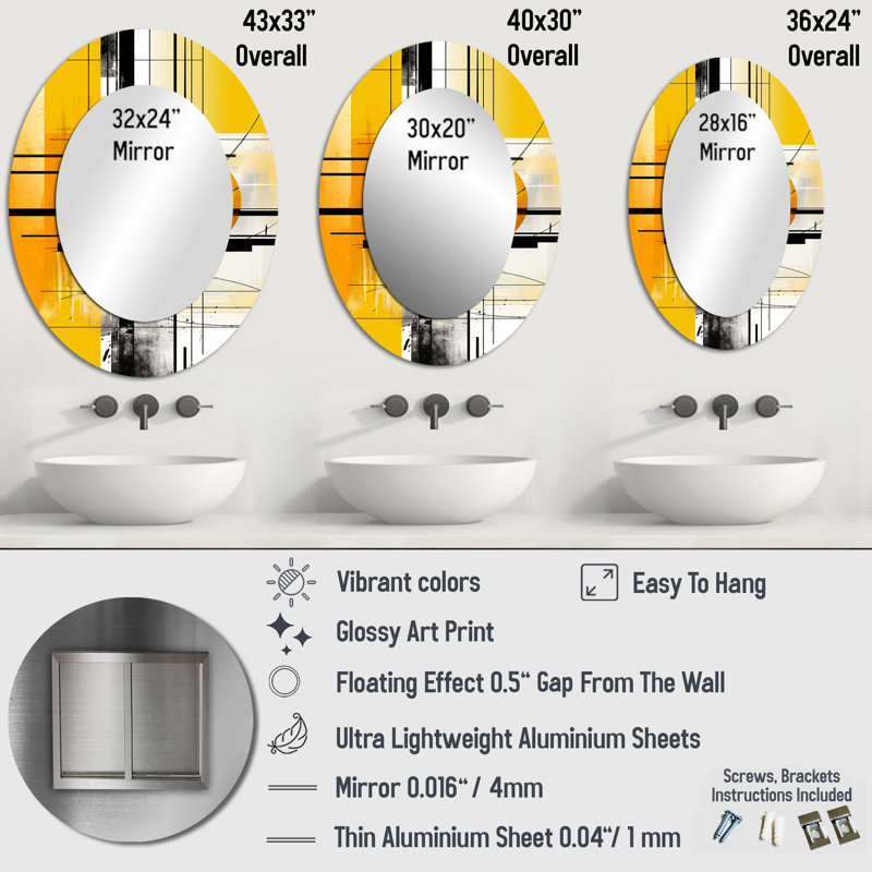 Miroir mural ovale jaune II, H 43 po x l 33 po