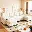 Canapé-lit en forme de U de 104,7 po, canapé multifonctionnel 3 en 1, lit escamotable, port, 4 coussins, chenille grise pour appartement beige / blanc