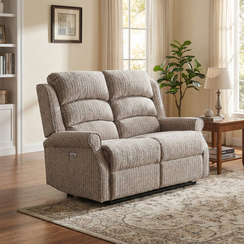 Lainey 132Cm Scroll Arms Reclining Loveseat, Natural Polyester Blend