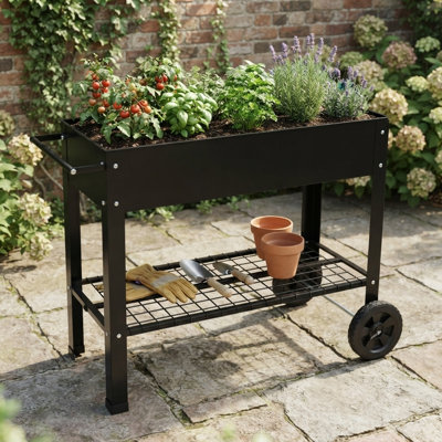 Mobile Raised Garden Bed with Wheels: Elevated Metal Planter for Backyard & Patio - Ergonomic Standing Height & Storage Shelf for Accessible Gardening