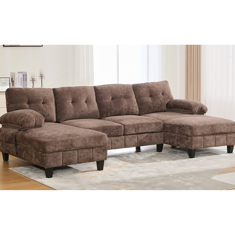 U-Shaped Sectional In Brown Chenille, Dual Chaise Lounges, Storage Pockets And Comfortable Armrest Pillows For Relaxing Evenings 103.5" Chenille Fabric With Soft Pillows, Ideal Socializing