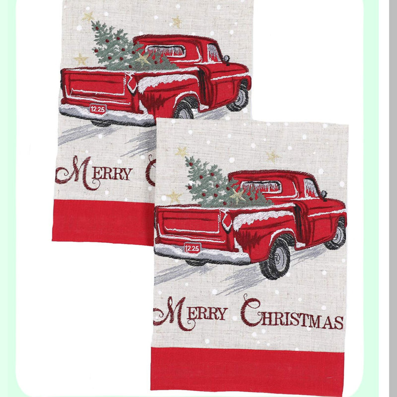 Festive Truck Print Kitchen Towels, 14x22, Natural