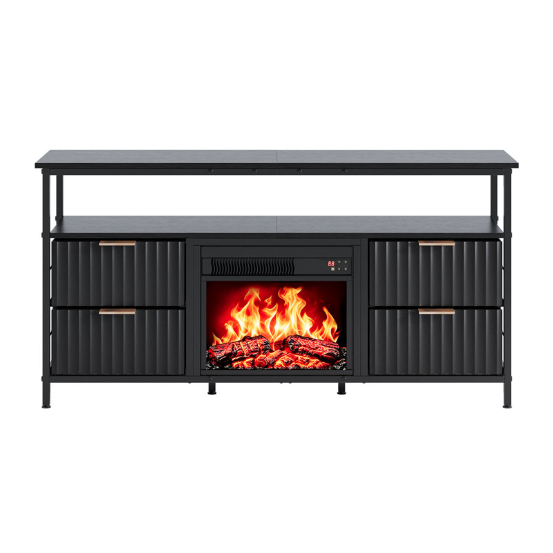 Meuble télé industriel noir de 109 cm (43 po) pour téléviseurs de 114 à 140 cm (45 à 55 po) avec foyer électrique, 4 tiroirs et tablette ouverte.