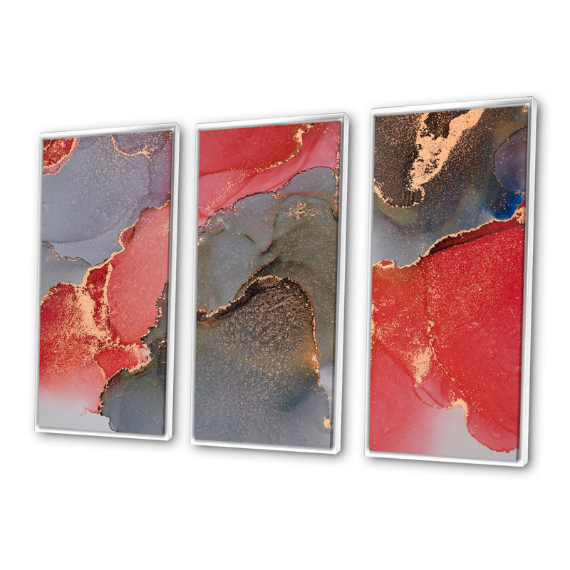 Gris et rouge, art abstrait fluide de luxe - 3 pièces, cadre flottant, impression sur toile, L 36 po x H 20 po, Blanc