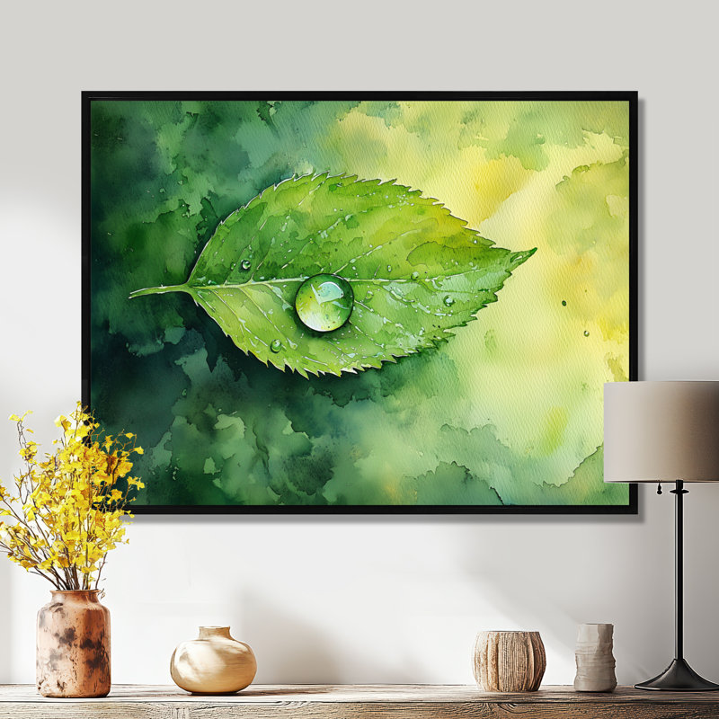 Goutte d'eau verte sur feuille II - feuilles, art mural, H 12 po x l 20 po, Impression encadrée flottante, Noir