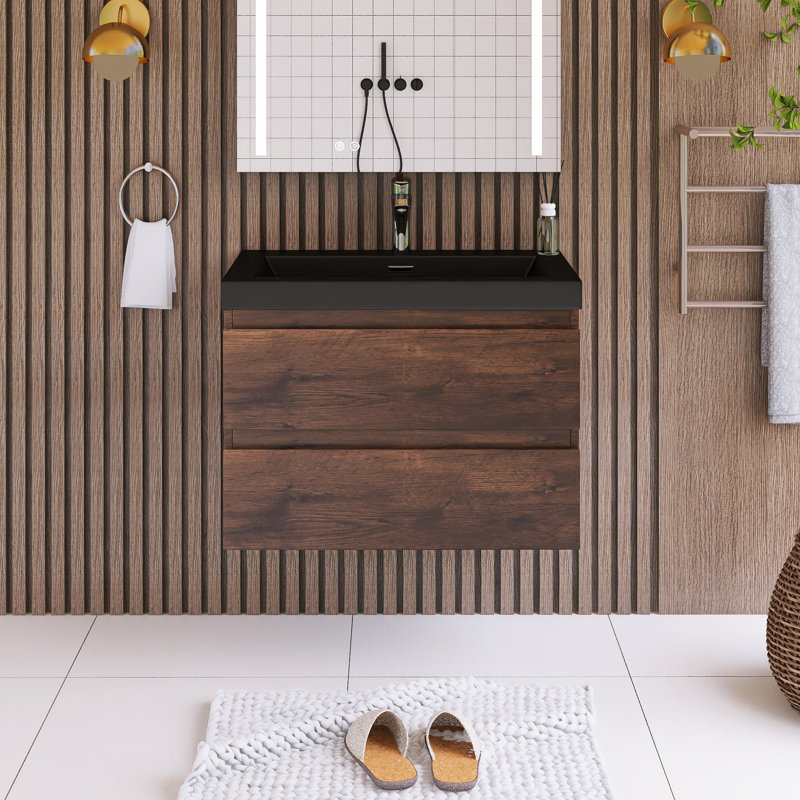 Ensemble de meuble-lavabo mural simple 29,5 po avec plateau en résine Mannus, Brun foncé
