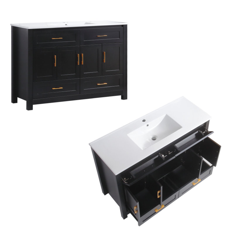 48 Inches Freestanding Bathroom Vanity Set With White Ceramic Basin, Black