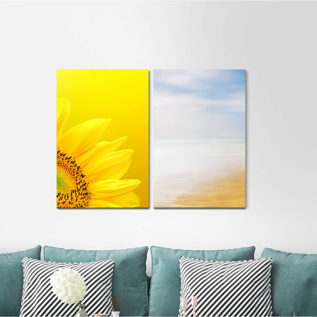 2-tlg. Leinwandbilder-Set - Grafikdruck „Sunflower Yellow Summer Beach Sea Sun Summer”