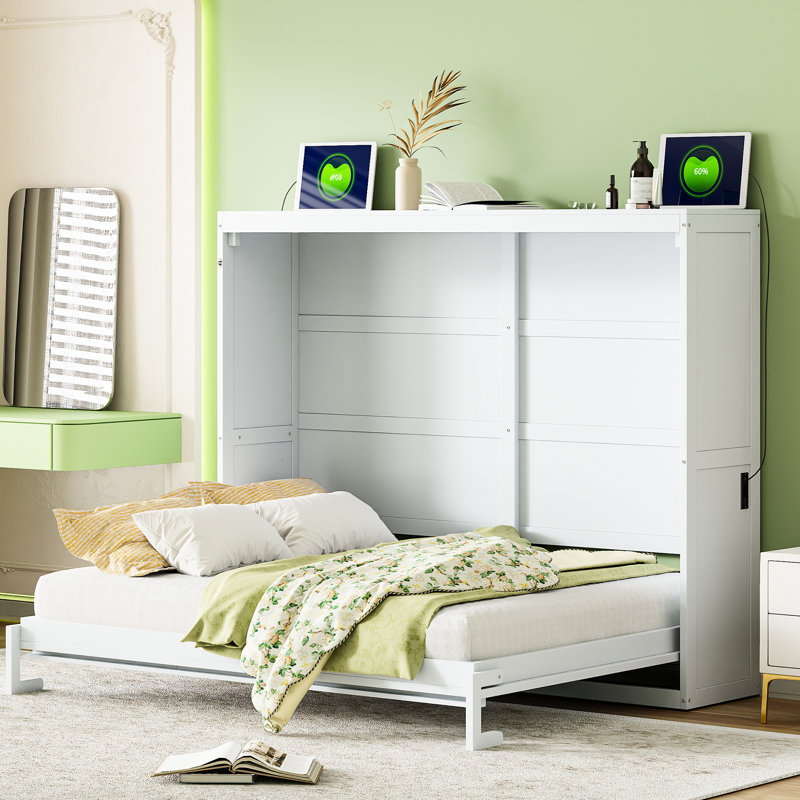 Grand lit mural blanc, permettant d'économiser de l'espace au sol dans un bureau à domicile ou une chambre d'amis avec un assemblage facile pour les petits espaces, sans sommier et sommeil confortable