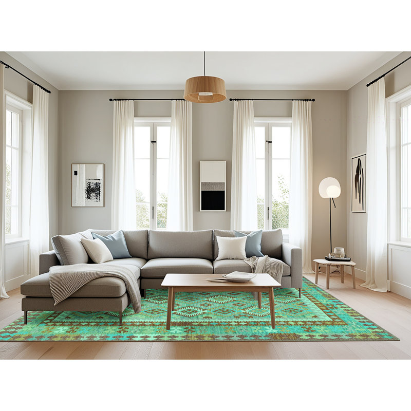 Tapis vert / bleu en laine et polyester tissé à la machine 8 pi x 10 pi Southwestern