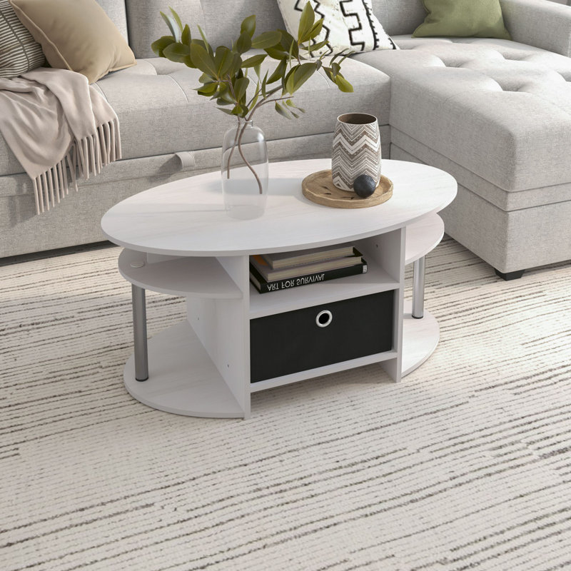 Modern Wood Storage Tea Table Coffee Table with Shelves & Bin Drawer for Small Space Living Room, White Oak;Black