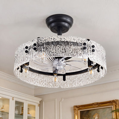 Ventilateur de plafond moderne avec éclairage, structure en acrylique noir, télécommande, pales réversibles pour cuisine, chambre et salon