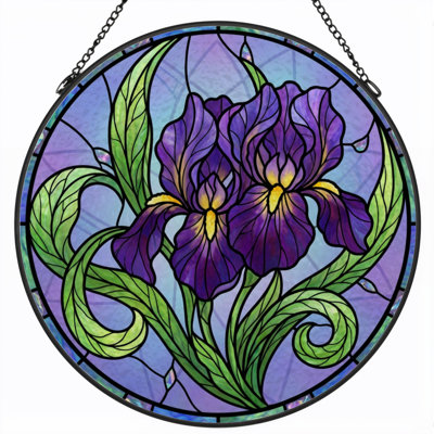 12"H Purple Iris Stained Glass Window Panel