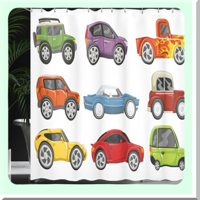 Urban Speed Racer Shower Curtain - Fun Race Cars & Monster Trucks Print, Multicolor Fabric Bathroom Decor with Hooks