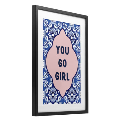 You Go Girl on Blue Pattern Framed Print Under Glass, design by Lettered and Lined