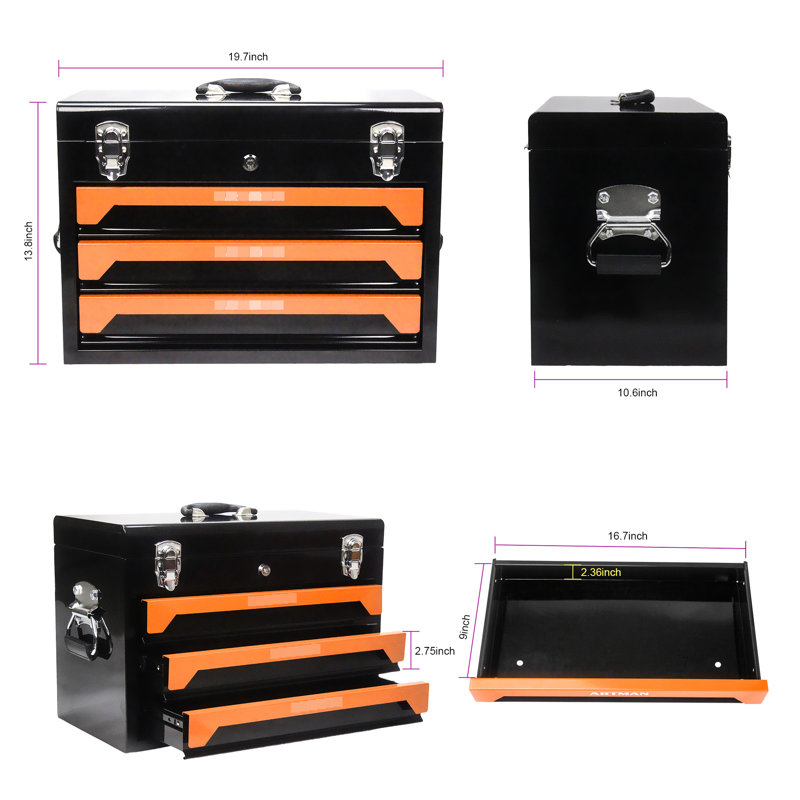 3 boîtes à outils avec glissière à roulement, verrou sécuritaire - pour le garage, la maison, l'établi, l'acier portable noir et orange et la poignée de transport