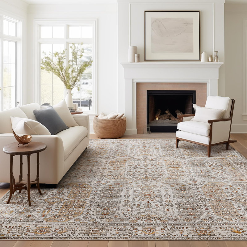 Floral Neutral Yellow / Gray Washable Anti-Slip Indoor Area Rug