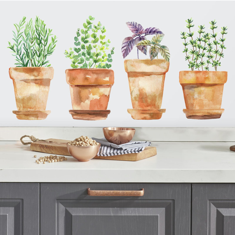 Adhésif décoratif 4 pièces pelez et collez herbes en pot