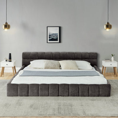 Pink Upholstered King Bed Frame, Platform With Thick Chenille, Headboard, Modern Simple Bedroom Sleep Comfort Relax Ambiance