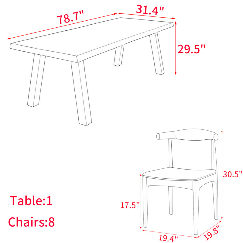 American style solid wood dining table set, 9, 29.5"H x 78.7"L x 31.4"W