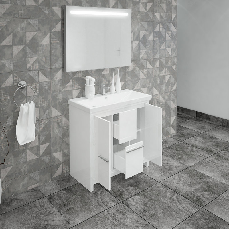 Ensemble de meuble-lavabo simple 36 po avec miroir DEL Alessio (blanc brillant), Blanc lustré
