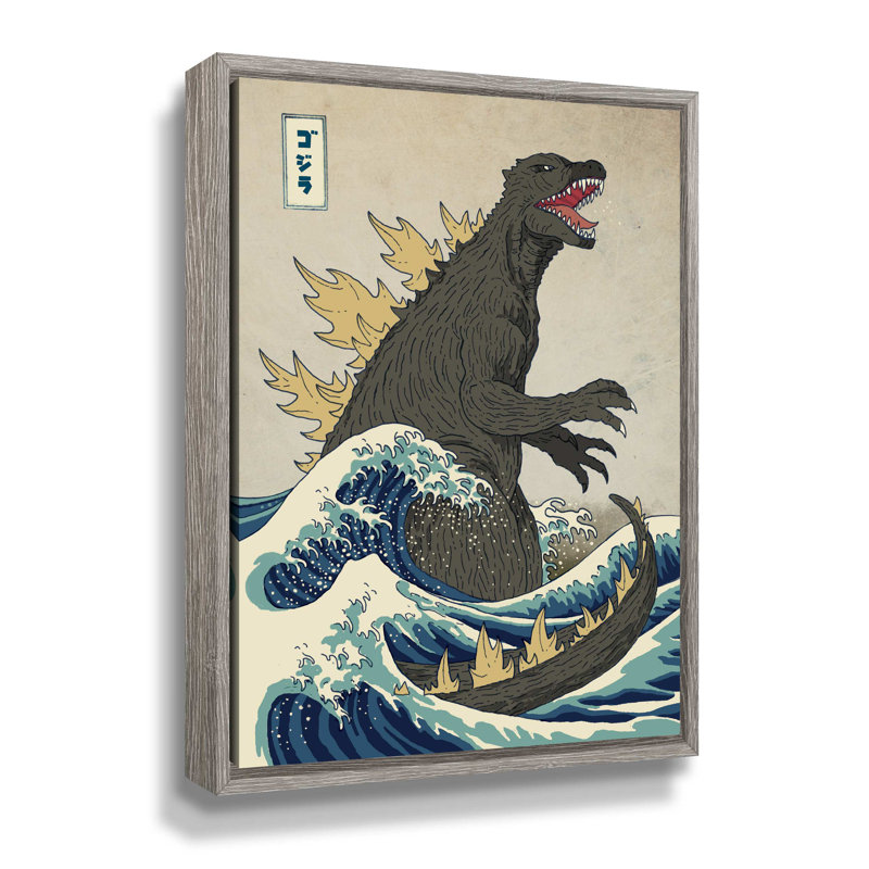 « the great monster off kanagawa », impression sur toile, H 36 po x l 24 po x P 2 po, Cadre flottant gris et blanc