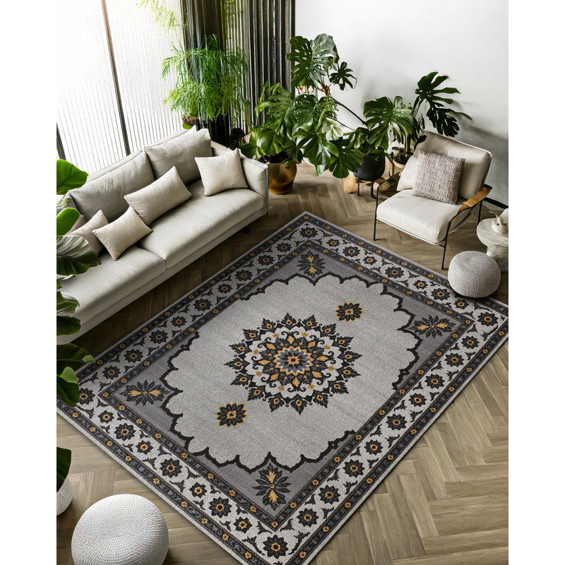 Albasa Collection Digital Print Cotton-Polyester Gray Moroccan Rug, Rectangle 6'7" x 8'3"