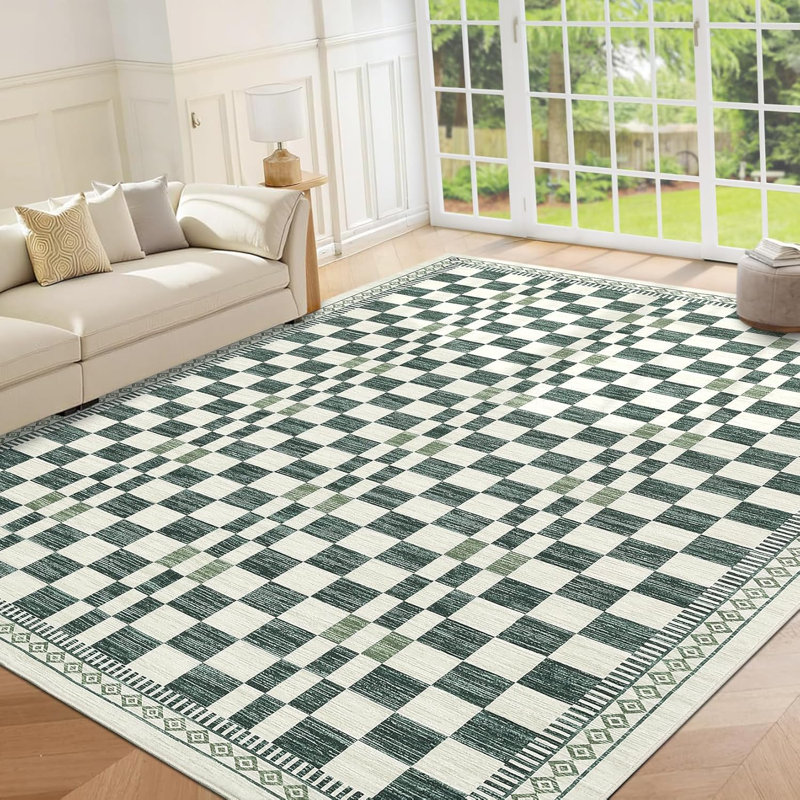 2x6 Washable Runner Rug for Kitchen, Bathroom, Non-Slip, Low Pile, Stain-Resistant, Abstract Checkered Carpet, Entryway, Laundry, Yellow.