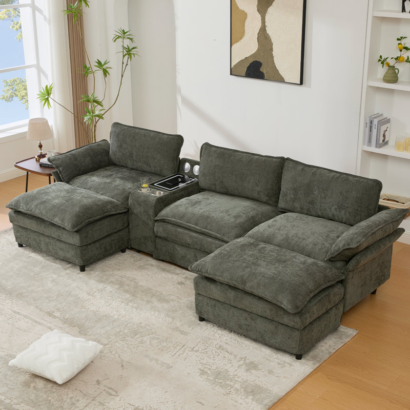 [NEW ARRIVED] U Shaped Upholstery Sectional Sofa,Sectional Modular With Storage Console & Wireless Charging,2 Cup Holders,Bluetooth Speakers
