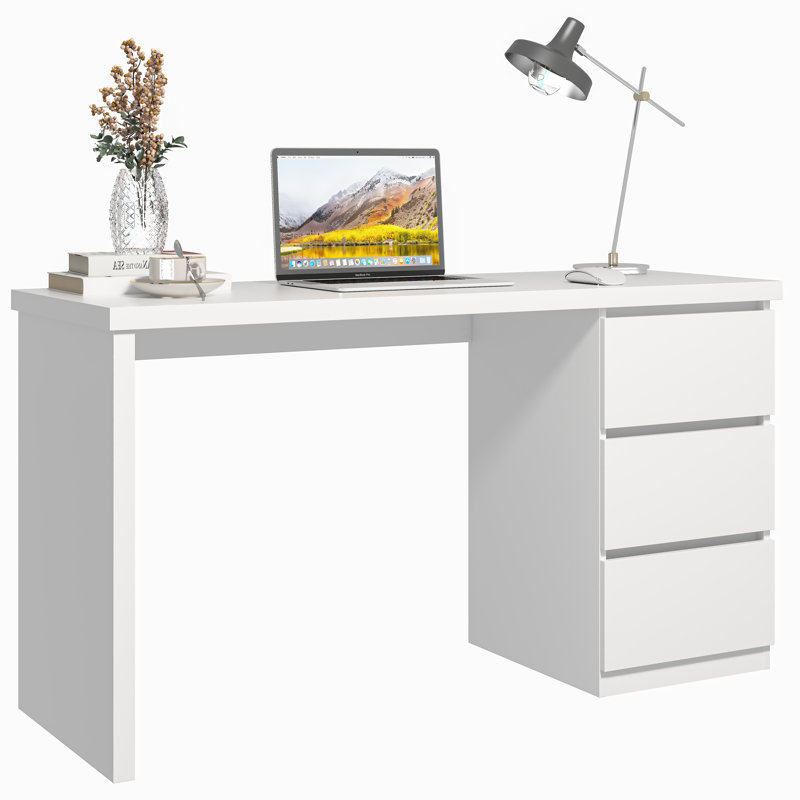 Computer Desk with Drawers, Wood Work Desk, Home Office PC Desk, White, 29.4" H x 47.2" W x 23.6" D