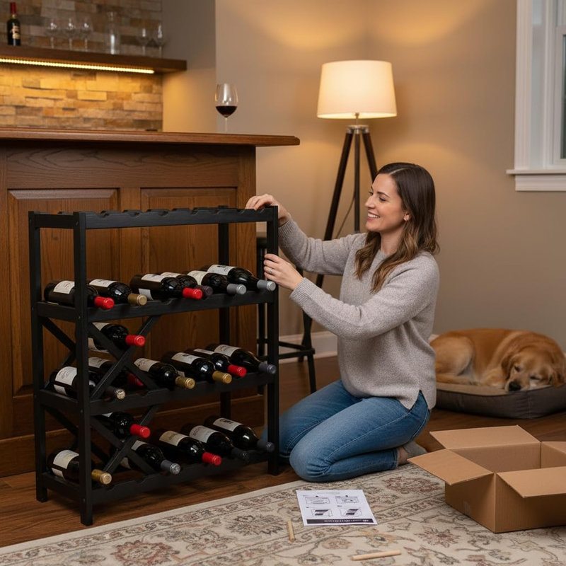 72 Bottle Wine Rack Stackable Bamboo Freestanding, Black