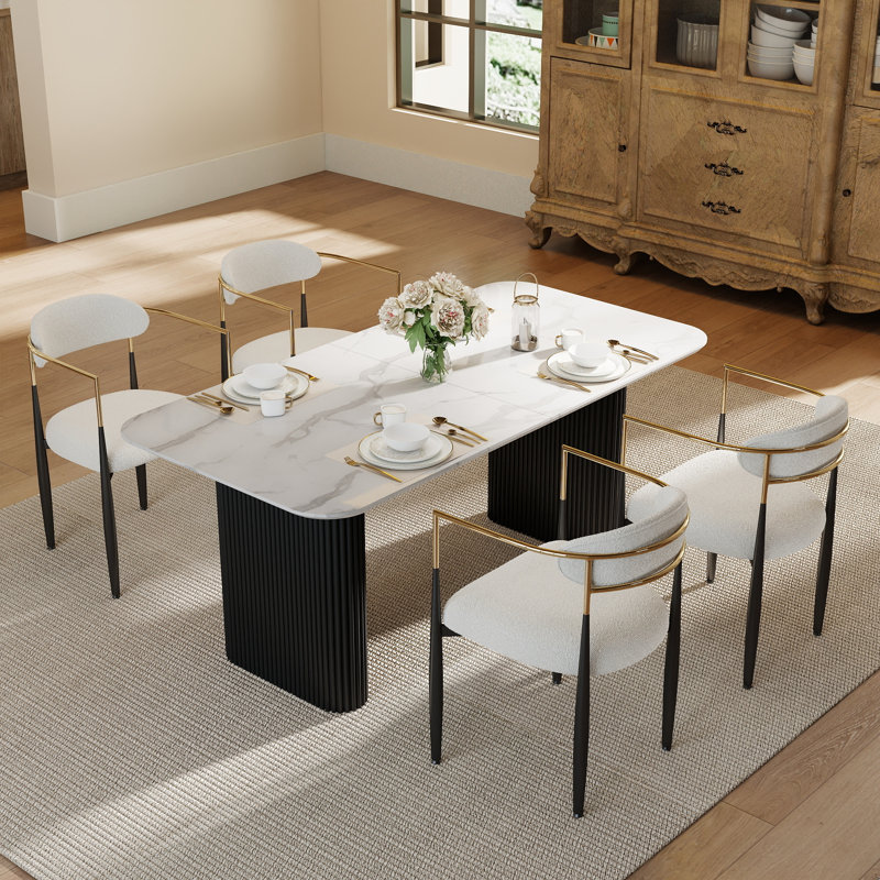 Marble MDF Top Dinning Table Set for 4-6, Beige, 5 Pieces: Table, 4 Chairs, Black