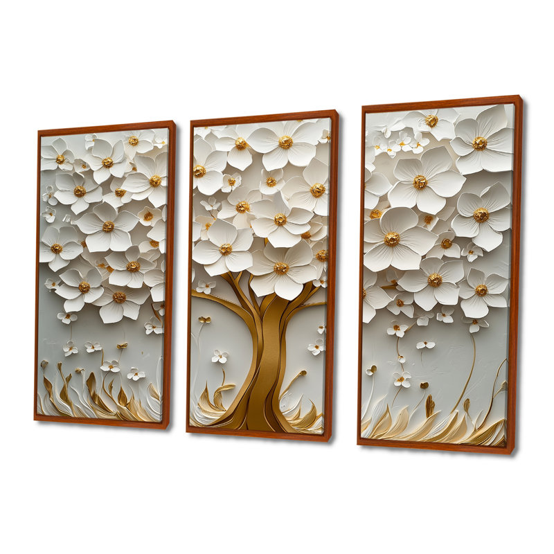 «White Basswood Blossoms Tree I», ensemble de reproductions d'art mural cerisier en fleurs, Toile avec cadre flottant brun