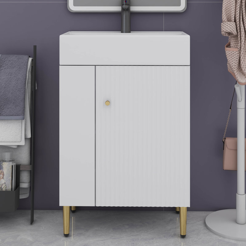 Ensemble de meuble-lavabo autoportant 21,6 po avec pieds en métal et rangement à gauche, Blanc