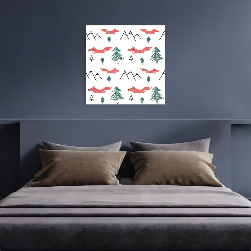 Affiche murale représentant un renard mignon dans une forêt de pins abstraite et ludique, avec un renard dans les montagnes