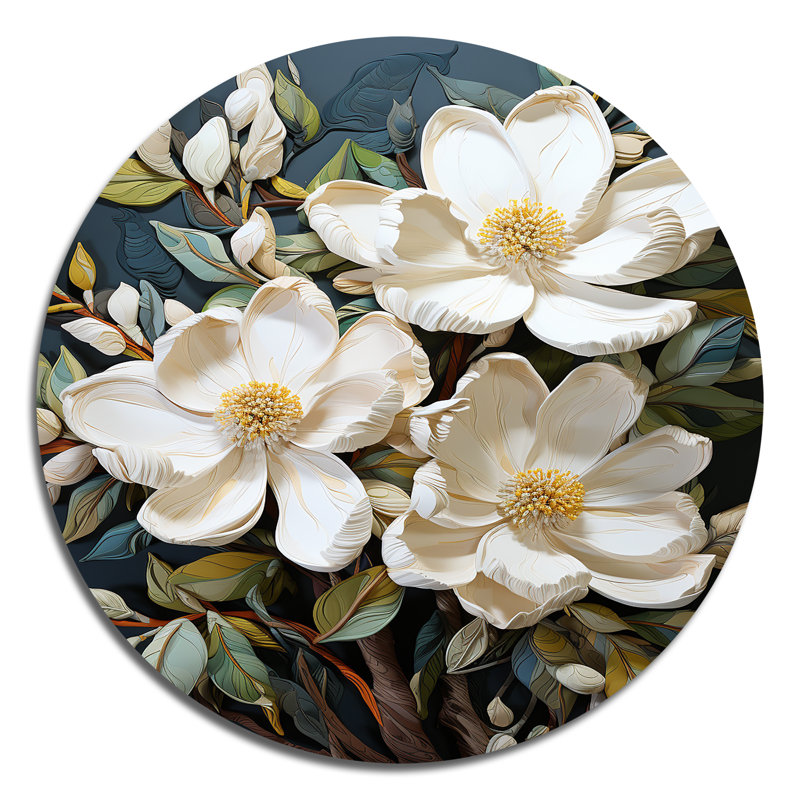 Patchwork de charme blanc blanc jaune Magnolias - Art floral rond en métal, H 36 po x l 36 po