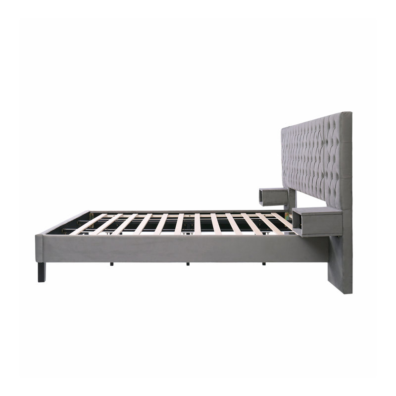 Lit plateforme très grand avec tête de lit, lit plateforme tapissier en velours moderne avec 2 tables de chevet, capitonné losange, gris