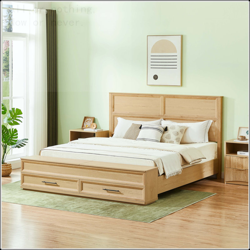 Très grand lit avec tête de lit géométrique 3D et banc de rangement, Très grand lit, Oak
