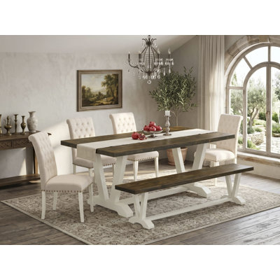 L'ensemble de 6 pièces comprend une table en bois patiné Jacobean, un petit banc et 4 chaises de cuisine en tissu de lin beige clair avec dossier capitonné - Lin brossé blanc