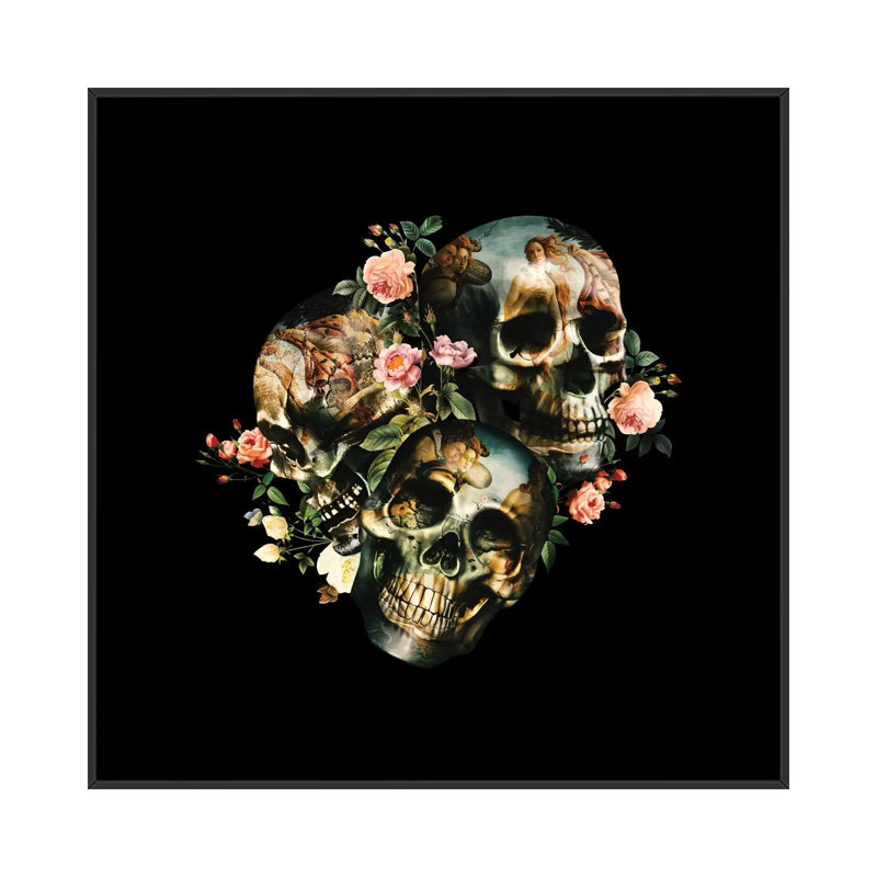 Crâne et Vénus, impression sur toile tendue, H 18 po x l 18 po x P 1,5 po, Toile avec cadre noir, Pas de tapis