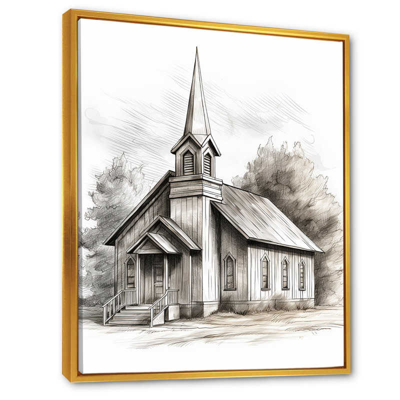 Minimalist Gray Church Serenity - Église, art mural, Cadre flottant doré, H 44 po x l 34 po x P 1,5 po