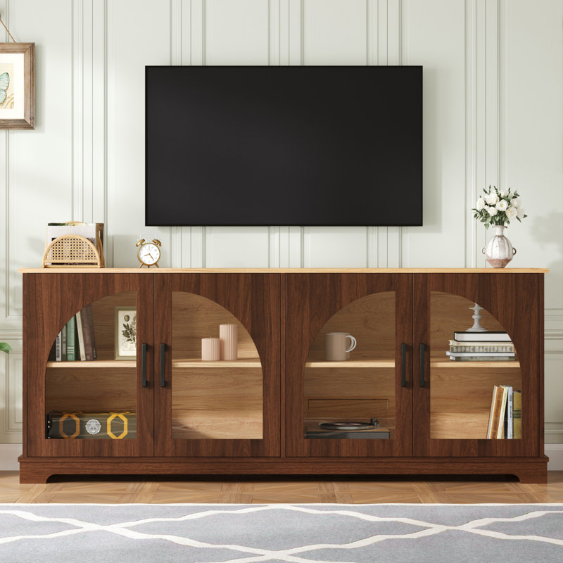 Rune Wood TV Stand with Semi-Arched Glass Doors &  Adjustable Shelves for TVs Up to 70", Walnut
